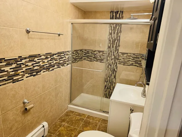a bathroom with a shower and a toilet