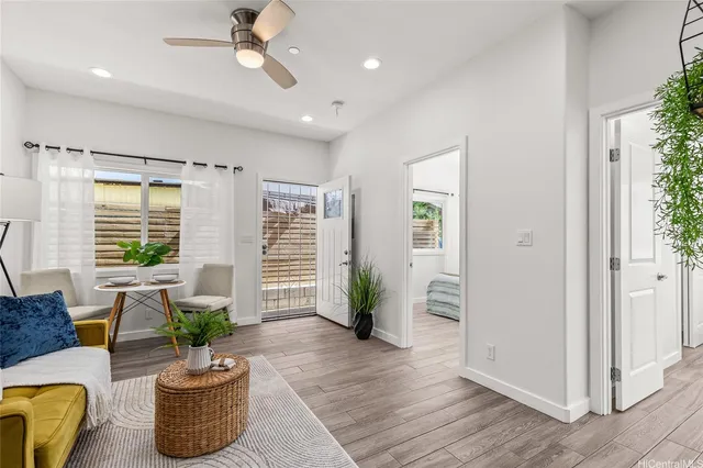 a living room with furniture and a potted plant