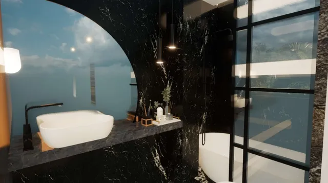 a view of a wooden house with a yard and potted plants