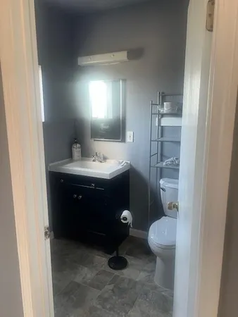 a bathroom with a sink toilet and mirror