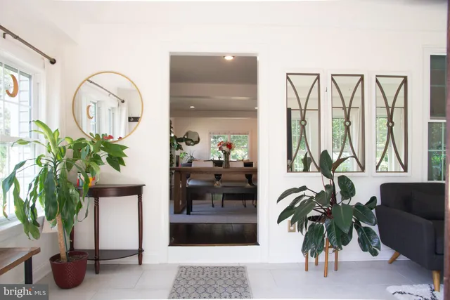 a living room with furniture a potted plant and a large window