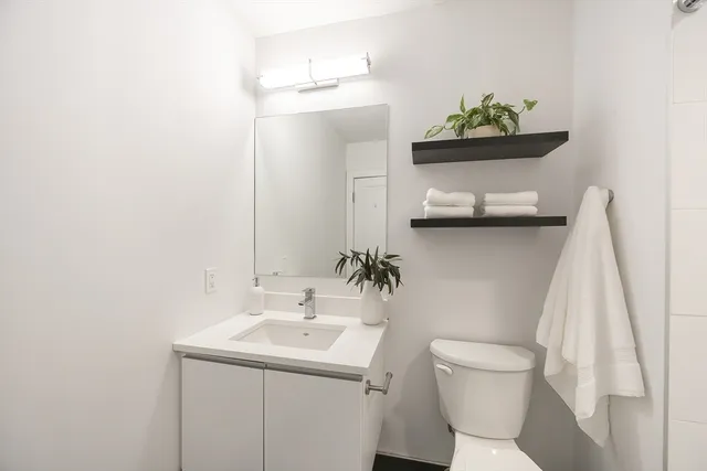 a bathroom with a sink toilet and mirror
