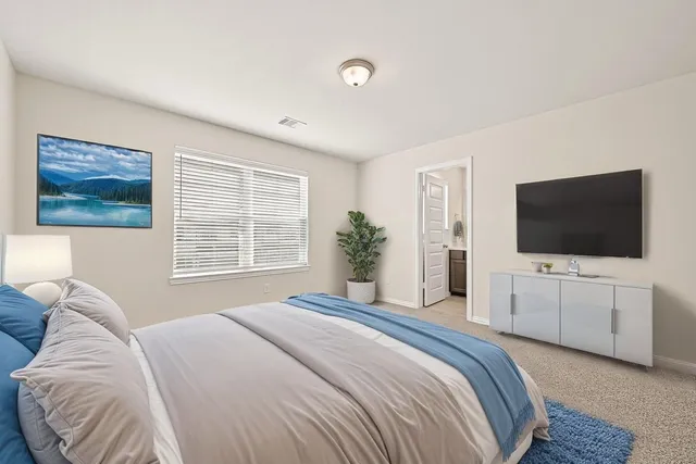 a bedroom with a bed and a flat screen tv