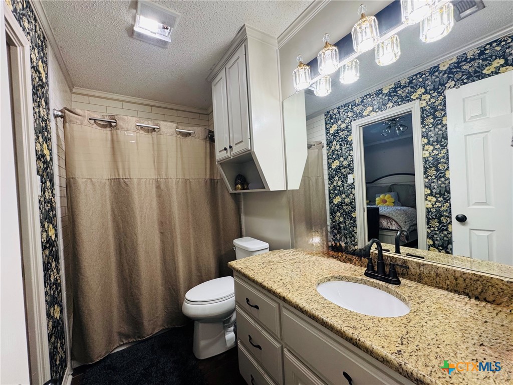 115 Oak Ridge Road Gatesville, TX 76528 - Photo 28 of 37 a bathroom with a granite countertop sink toilet and a mirror