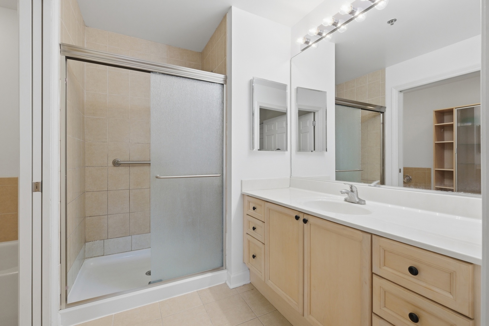 875 East 22nd Street, Unit 410 Lombard, IL 60148 - Photo 15 of 30 a bathroom with a shower sink and mirror