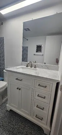 a bathroom with a sink a toilet and mirror