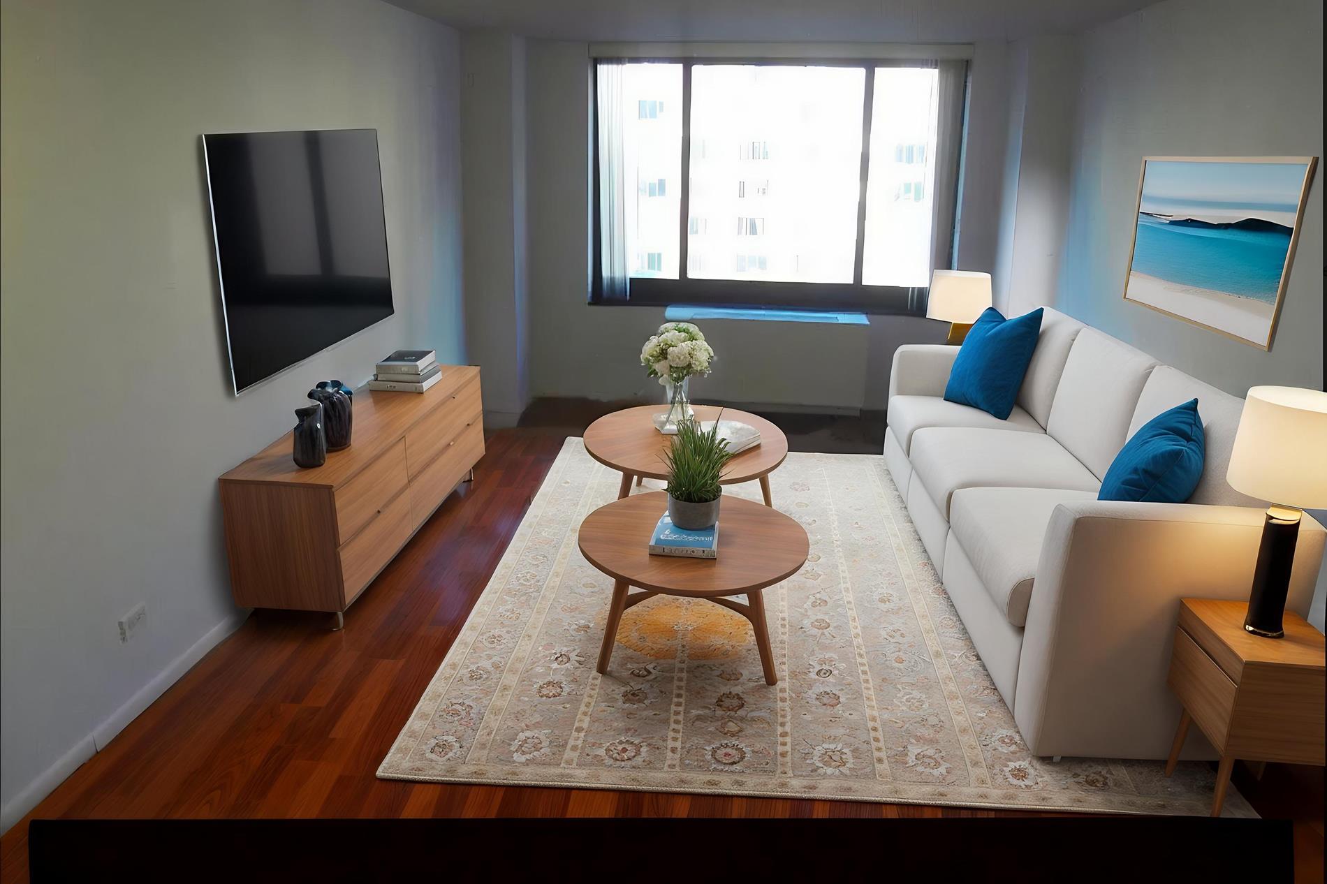 200 Rector Place, Unit 7V Manhattan, NY 10280 - Photo 2 of 8 a living room with furniture and a flat screen tv