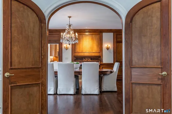 a view of dining room with wooden floor