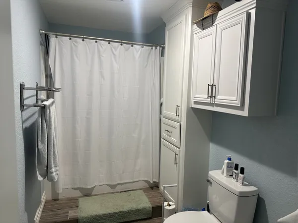 a bathroom with a shower curtain and sink