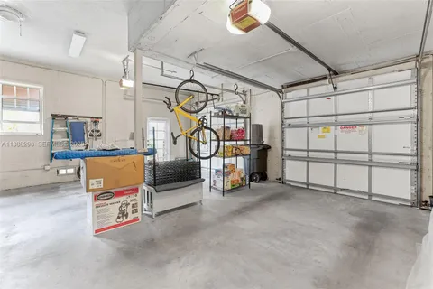 a view of a garage with storage