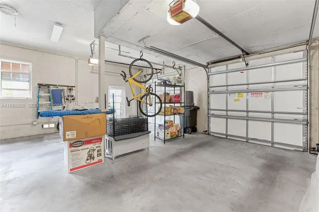 a view of a garage with storage