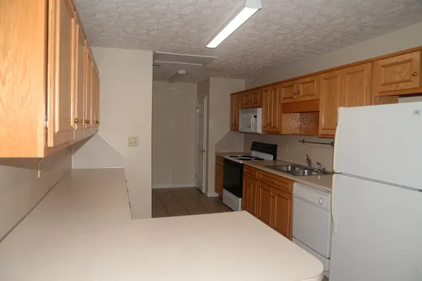 a kitchen with a refrigerator a stove top oven and cabinets