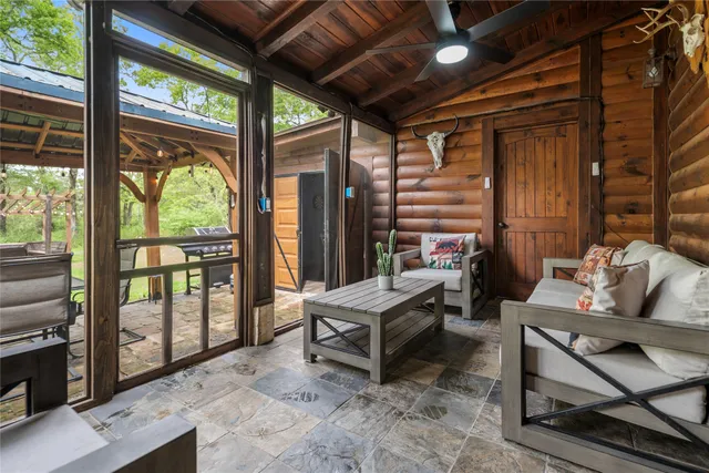 a building outdoor space with patio furniture