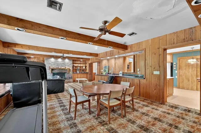 a view of a backyard with plants and large trees