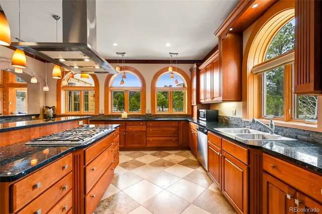a large kitchen with stainless steel appliances granite countertop a stove a sink dishwasher and a refrigerator