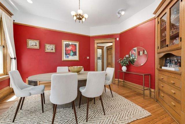 a view of a dining room with furniture