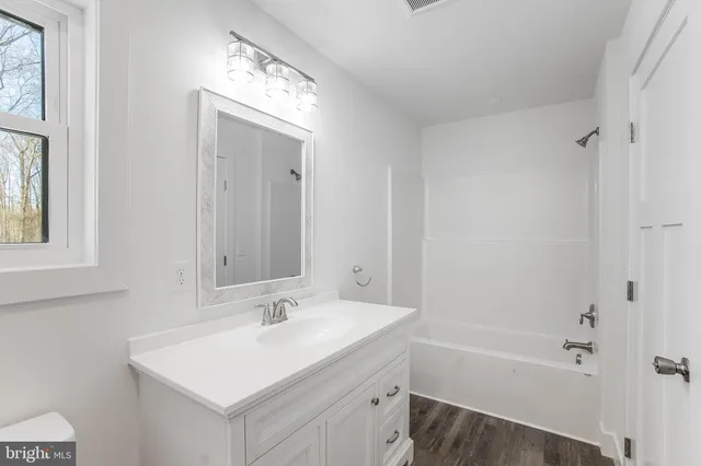 a bathroom with a sink a mirror and a bathtub