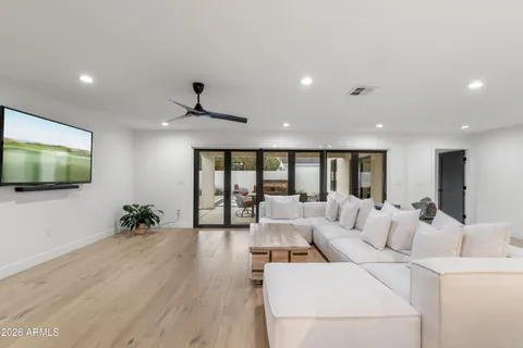 a living room with furniture and a potted plant
