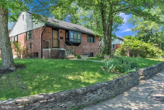 a view of a yard in front of a house with plants and large tree