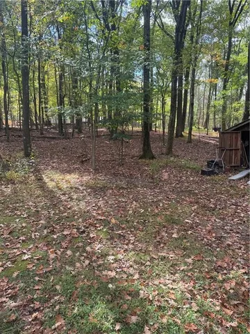 a view of a backyard with wooden fence and a tree