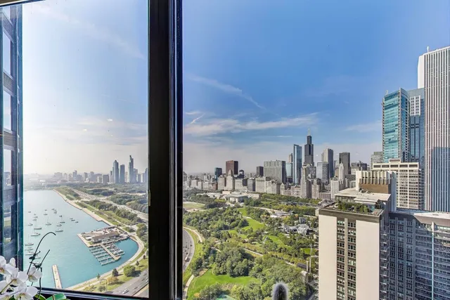 a dining room with furniture and a potted plant