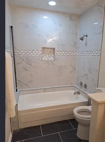 a bathroom with a bathtub and a toilet