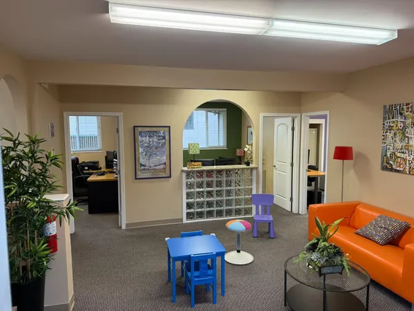 a living room with furniture and a potted plant