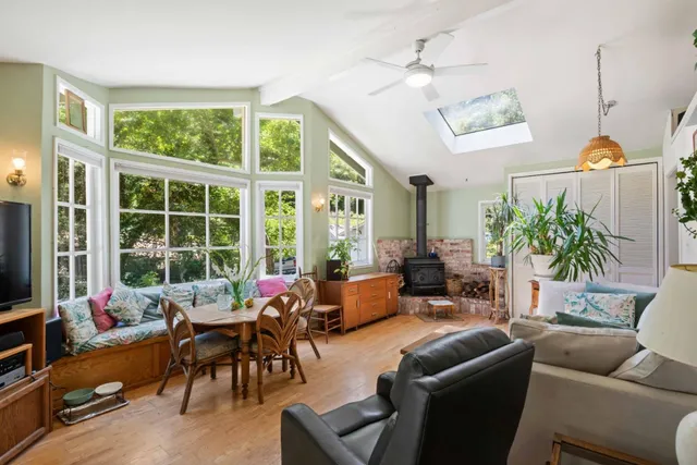 a living room with furniture and a potted plant