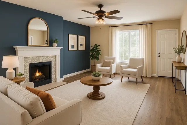 a living room with furniture and a fireplace