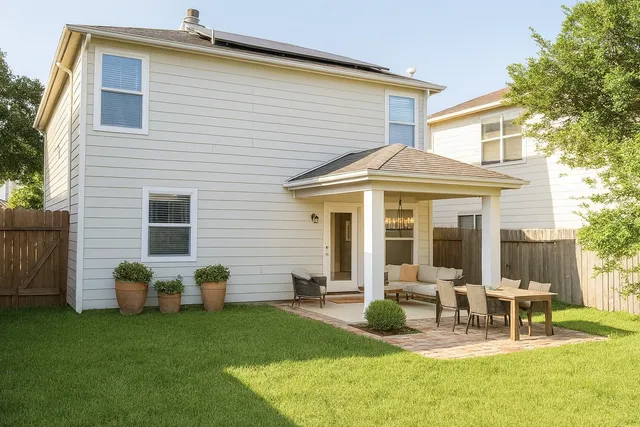 a view of a chair and table in backyard of the house