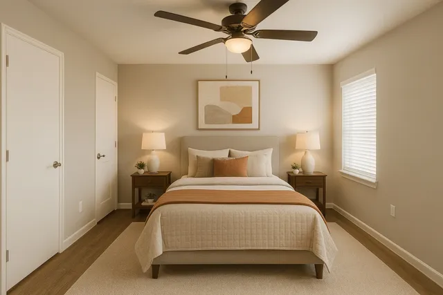 a bedroom with a bed and window