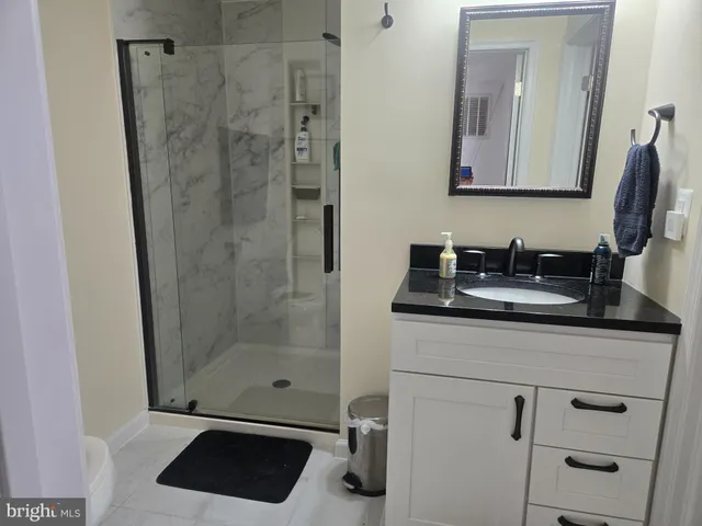 a bathroom with a sink a mirror a vanity and shower