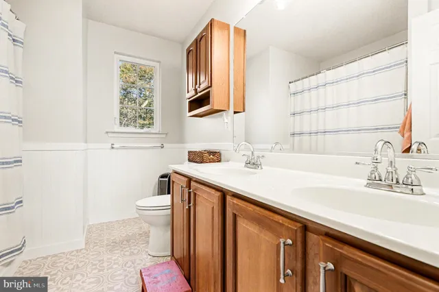 a bathroom with a sink a toilet and a mirror
