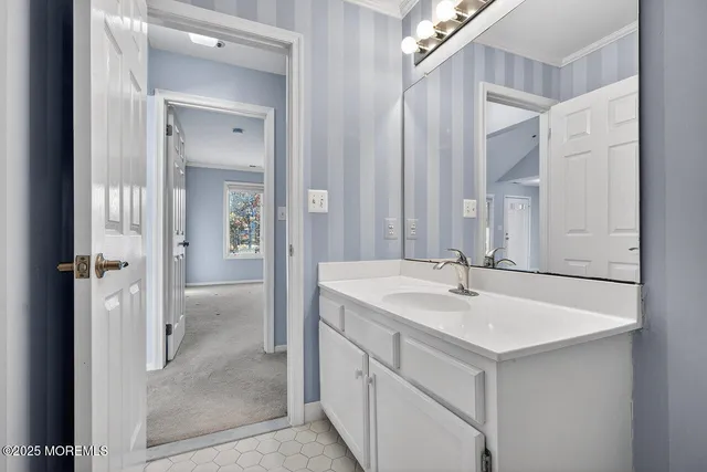 a bathroom with a sink and a mirror