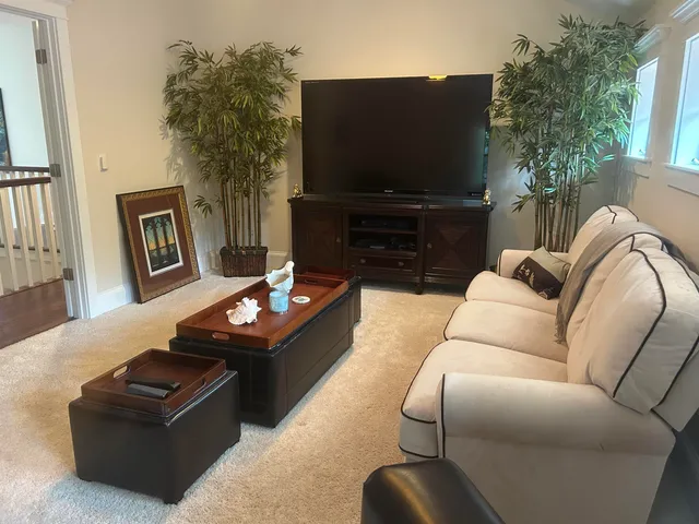 a living room with furniture a flat screen tv and a fireplace
