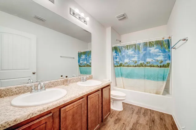 a bathroom with a double vanity sink toilet and a mirror