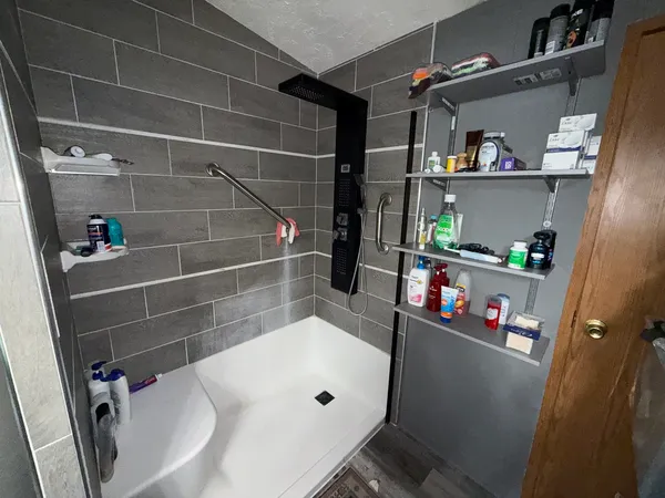 a bathroom with a bathtub