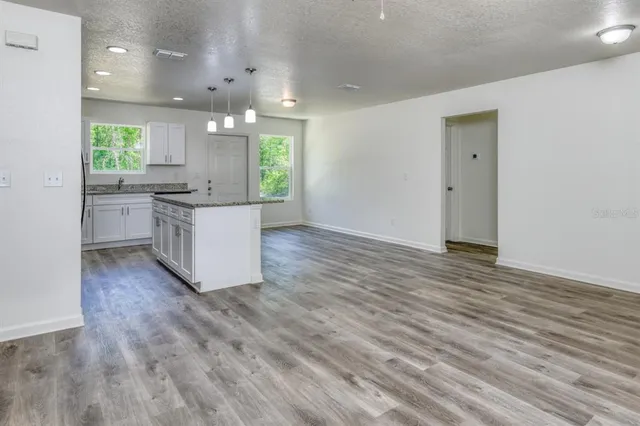 a large kitchen with hardwood floor and a sink