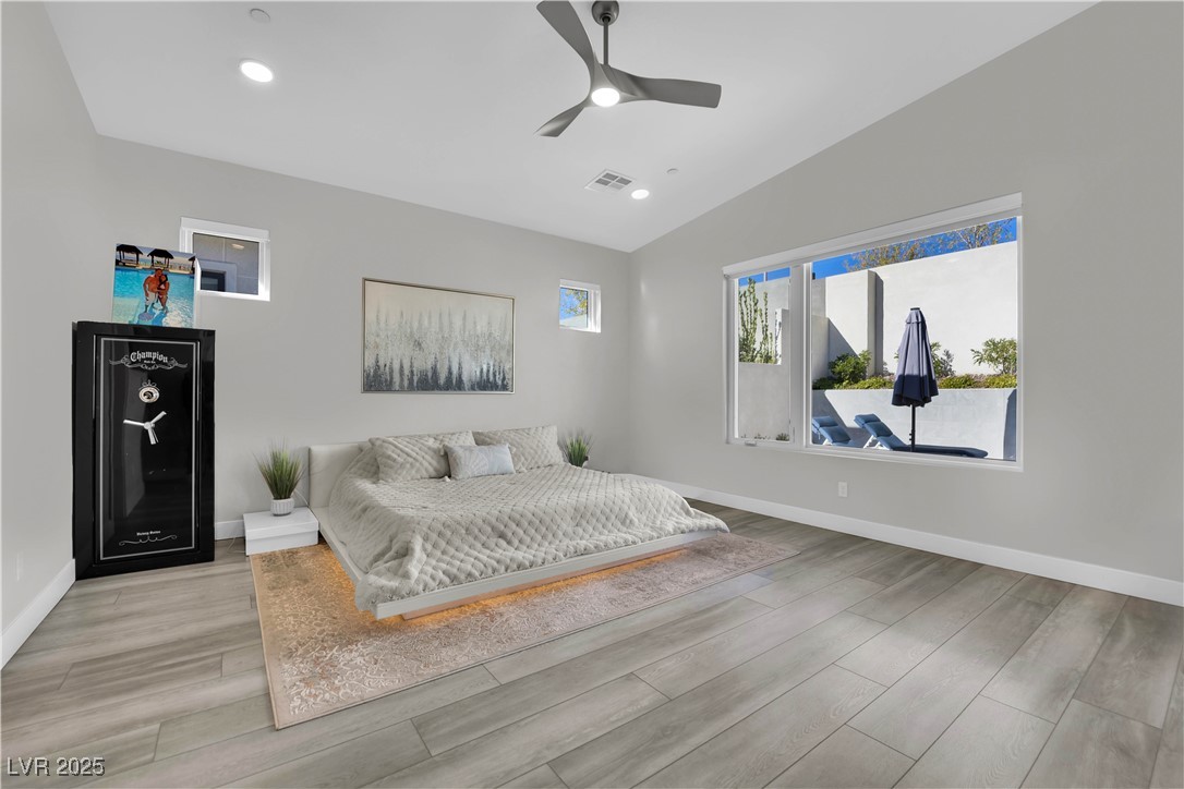 397 Highview Rdg Avenue Las Vegas, NV 89138 - Photo 64 of 97 Bedroom with a ceiling fan, light wood-style flooring, and recessed lighting
