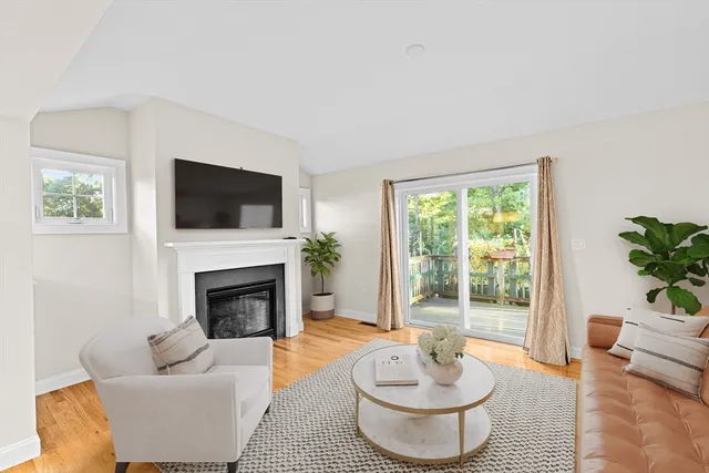 a living room with furniture a fireplace and a potted plant