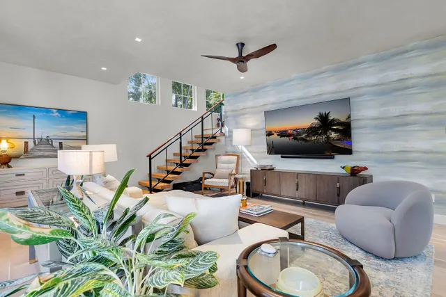 a living room with furniture and a potted plant