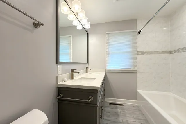 a bathroom with a sink toilet vanity and tub