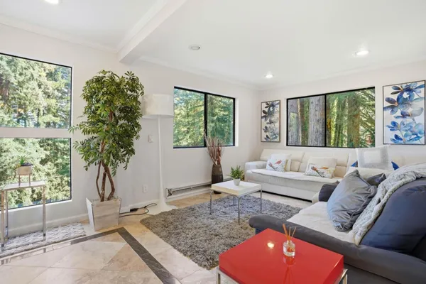 a living room with furniture and a potted plant
