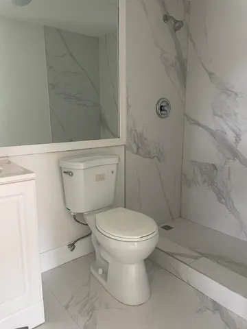 a bathroom with a toilet and a shower