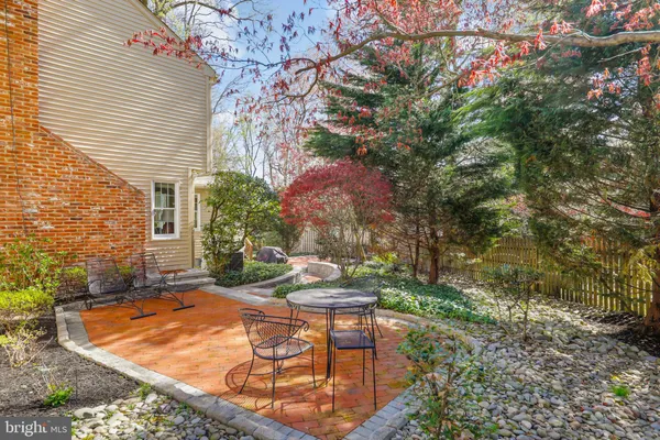 a backyard of a house with table and chairs