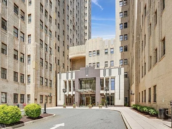 front view of a building with a street