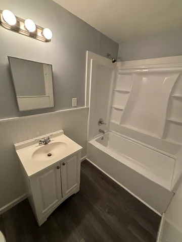 a bathroom with a sink a mirror and a bathtub