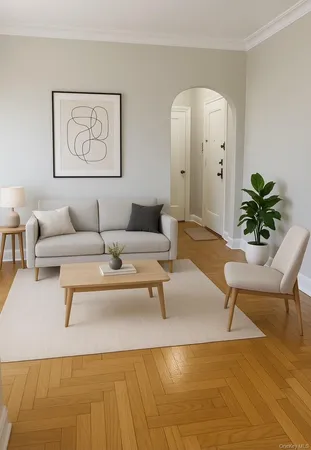 a living room with furniture rug and wooden floor