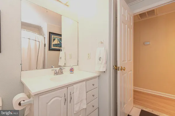 a bathroom with a sink vanity and a mirror