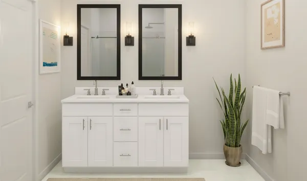 a bathroom with a sink a mirror and a potted plant